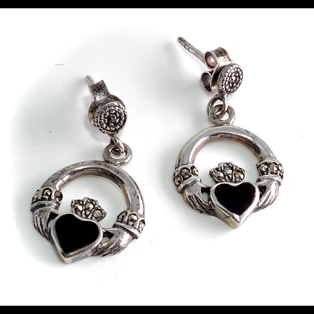 Vintage Sterling Silver, Marcasite & Black Onyx Claddagh Earrings
